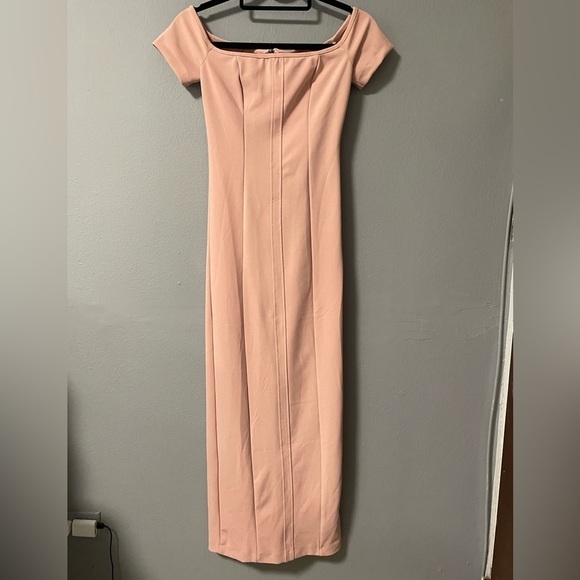 NWT Zara Light Pink Topstitched Off the Shoulder Bodycon Midi Dress. Size XS - Picture 7 of 14